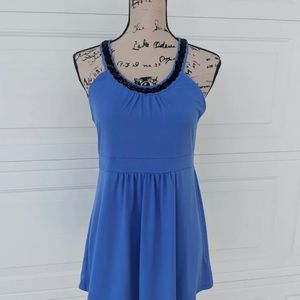 Michael Kors Medium M Tank Top Stretch Blue Embellished w/Black Beads